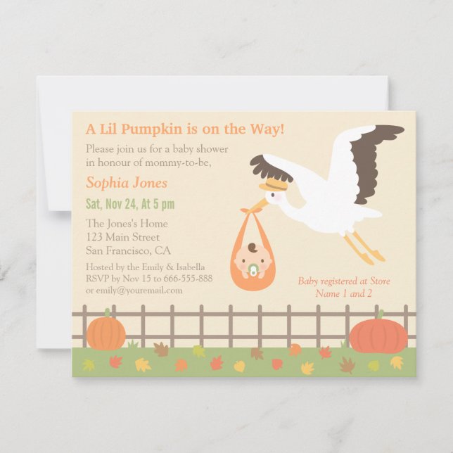 Stork Delivery Lil Pumpkin Baby Shower Einladungen (Vorderseite)