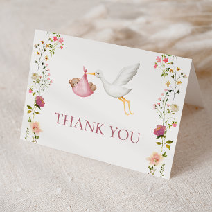 Stork Delivery Pink Floral Garden Girl Babydusche Dankeskarte