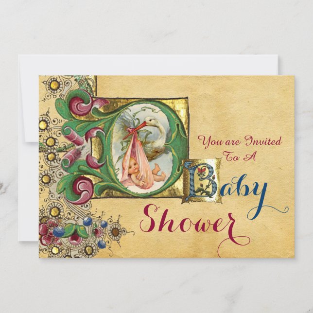 STORK GIRL BABY DUSCHE FLORAL PARCHMONOGRAM EINLADUNG (Vorderseite)
