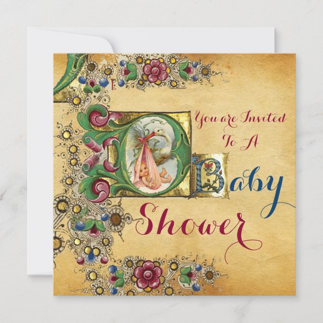 STORK GIRL BABY DUSCHE FLORAL PARCHMONOGRAM EINLADUNG (Vorderseite)