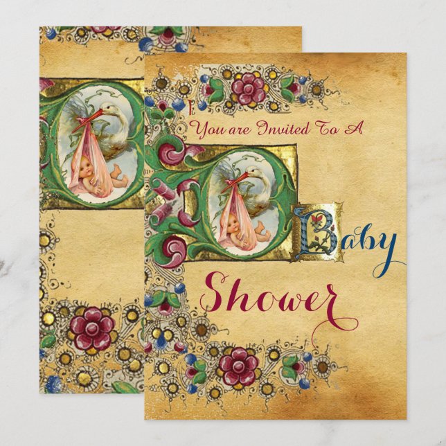 STORK GIRL BABY DUSCHE FLORAL PARCHMONOGRAM EINLADUNG (Vorne/Hinten)