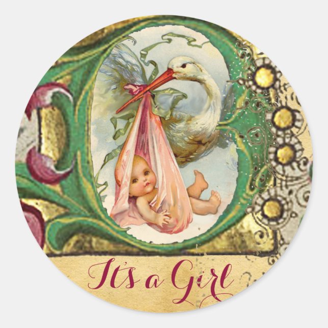 STORK GIRL BABY DUSCHE FLORAL PARCHMONOGRAM RUNDER AUFKLEBER (Vorderseite)