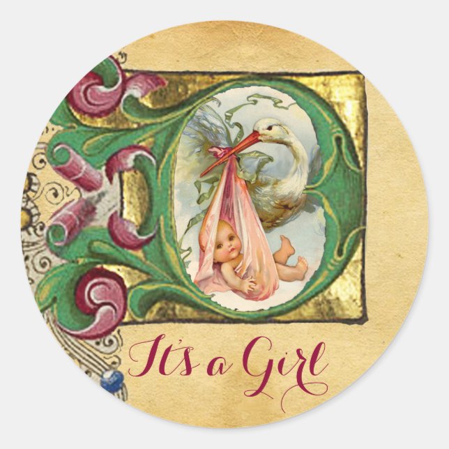 STORK GIRL BABY DUSCHE FLORAL PARCHMONOGRAM RUNDER AUFKLEBER (Vorderseite)