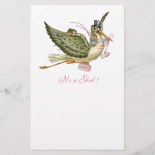 STORK GIRL BABY DUSCHE Pink White Briefpapier