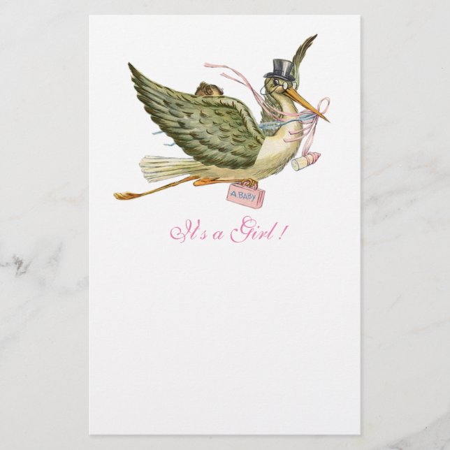STORK GIRL BABY DUSCHE Pink White Briefpapier (Vorderseite)
