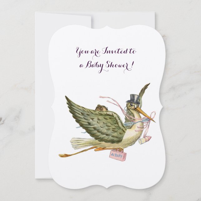 STORK GIRL BABY DUSCHE, silber metallisch Einladung (Vorderseite)