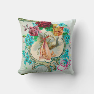 STORK GIRL BABY SHOWER FLORAL Baby Birth Stats Kissen