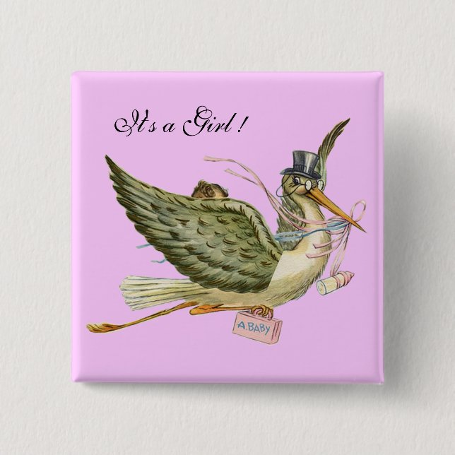 STORK GIRL BABY SHOWER Pink Lilac Button (Vorderseite)