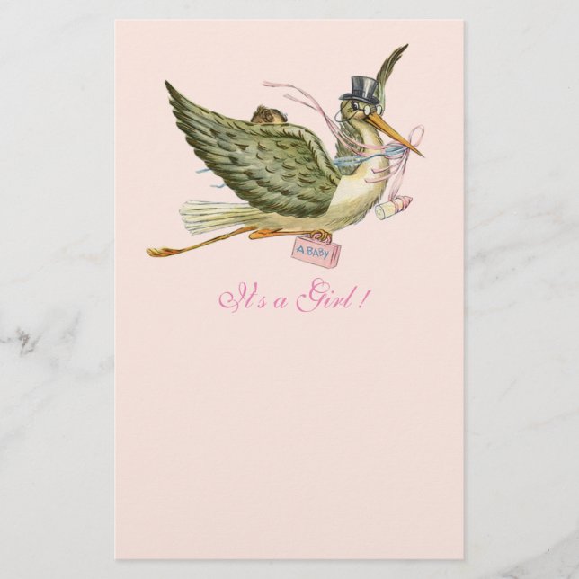 STORK GIRL BABY SHOWY Light Pink Briefpapier (Vorderseite)