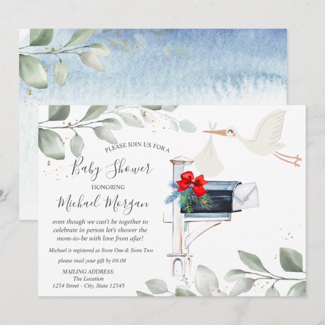 Stork Mailbox Babydusche per Post Einladung (Vorne/Hinten)