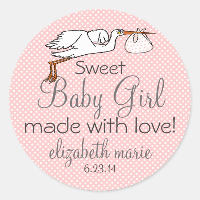 Stork Peach Baby Dusche Gefallen Runder Aufkleber (Vorderseite)