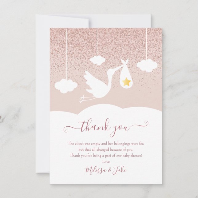 Stork Rose Gold Star Glitzer Kinderduschgedicht Dankeskarte (Vorderseite)