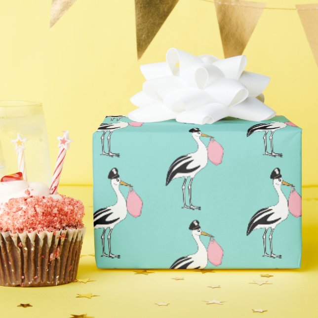 Stork Special Delivery Baby Reveal Party Blue Pink Geschenkpapier (Geburtstagsparty)
