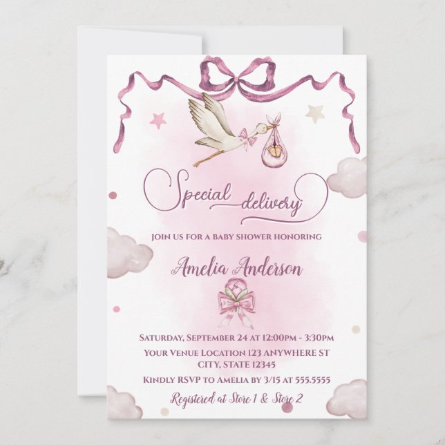 Stork Special Delivery Ribbon Bow Baby Shower Einladung (Vorderseite)