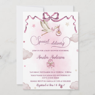 Stork Special Delivery Ribbon Bow Baby Shower Einladung