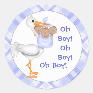 Stork & Triplet Boys (dunkle Haut) Kinderankündigu Runder Aufkleber