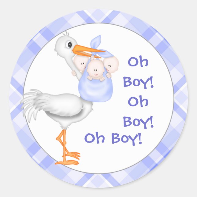 Stork & Triplet Boys Kinderankündigung Runder Aufkleber (Vorderseite)