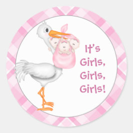 Stork & Triplet Girls Baby Ankündigung Runder Aufkleber