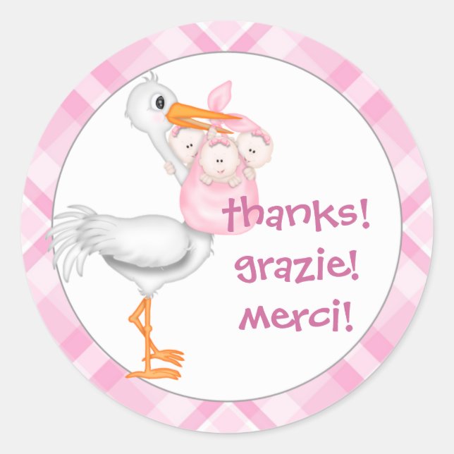 Stork & Triplet Girls Vielen Dank Runder Aufkleber (Vorderseite)
