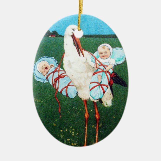 STORK TWIN BABY BOY SHOWER, aquamarin blau Keramik Ornament (Vorne)