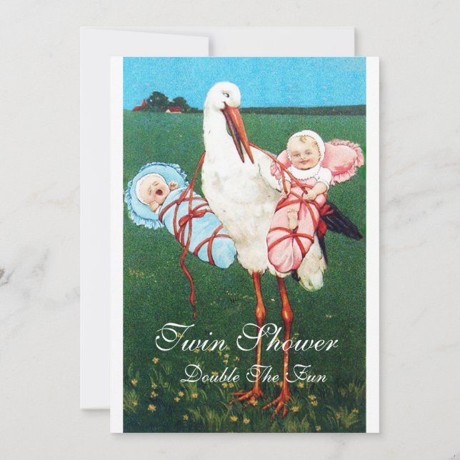 STORK TWIN BABY DUSCHE Pink White Einladung (Rückseite)