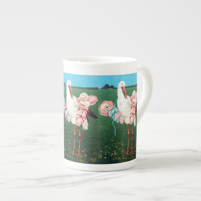 STORK TWIN BABY DUSCHE, rosa, Aquamarin blau Prozellantasse (Vorderseite Rechts)