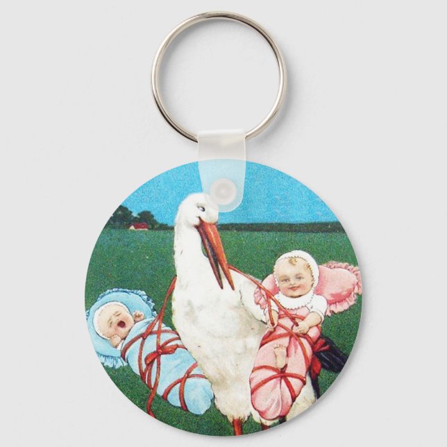 STORK TWIN BABY DUSCHE, rosa, Aquamarin blau Schlüsselanhänger (Vorderseite)