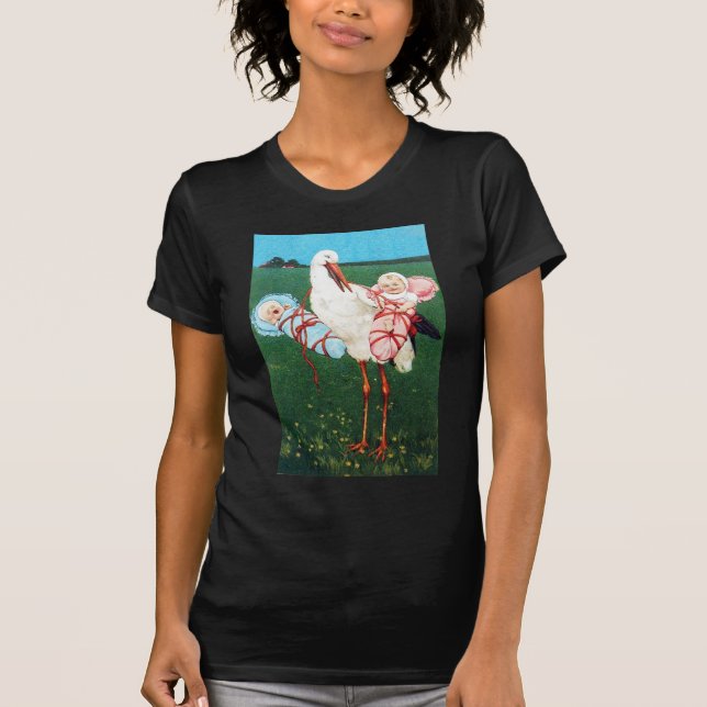 STORK TWIN BABY DUSCHE, rosa, Aquamarin blau T-Shirt (Vorderseite)