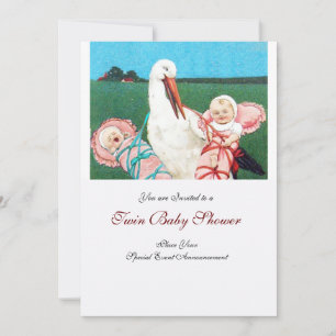 STORK TWIN BABY GIRL DOUCHE rose blanc Invitation