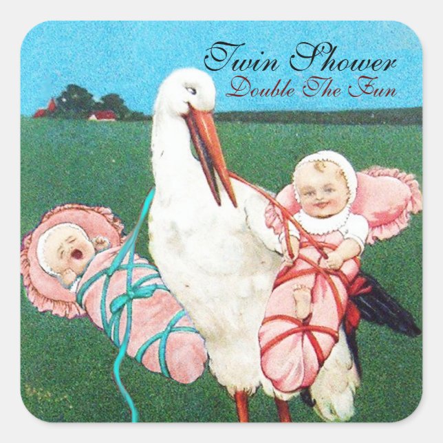 STORK TWIN BABY GIRL SHOWER QUADRATISCHER AUFKLEBER (Vorderseite)