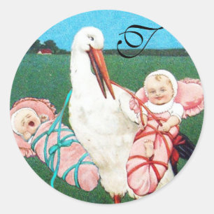 STORK TWIN BABY GIRL SHOWM MONOGRAM RUNDER AUFKLEBER