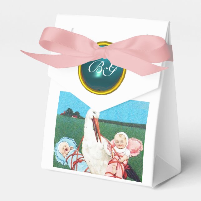 STORK TWIN BABY SHOWER BLAUE GEM STONE MONOGRAM GESCHENKSCHACHTEL (Vorderseite)