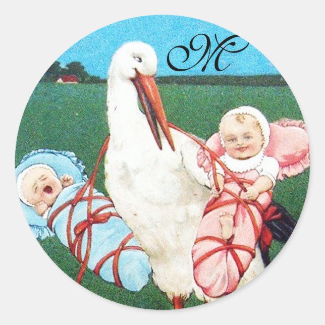 STORK TWIN BABY SHOWER MONOGRAM RUNDER AUFKLEBER (Vorderseite)
