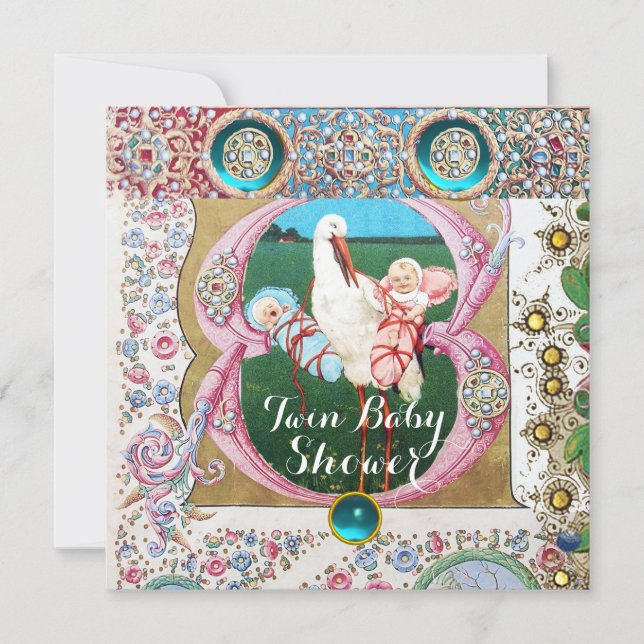 STORK TWIN BOY - MÄDCHEN-BABY-DUSCHE, BLUMENVERSTÄ EINLADUNG (Vorderseite)