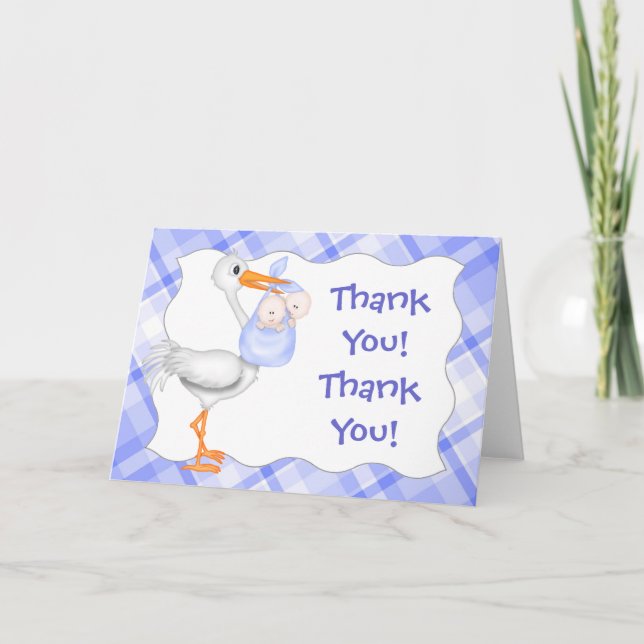 Stork & Twin Boys Carte de remerciements bleu (Devant)