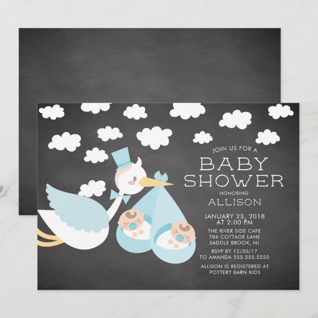 Stork & Twin Boys Twins Kinderdusche Einladung (Vorne/Hinten)