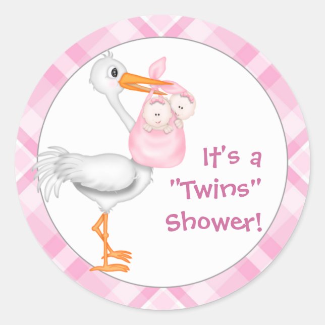Stork & Twin Girls Babydusche Runder Aufkleber (Vorderseite)