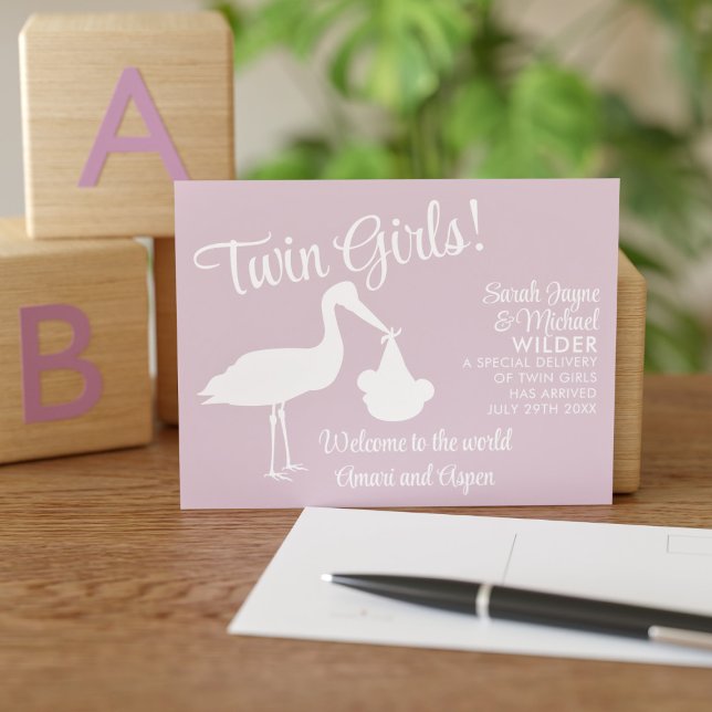 Stork Twin Girls Rosa Geburtserklärung Postkarte (Von Creator hochgeladen)