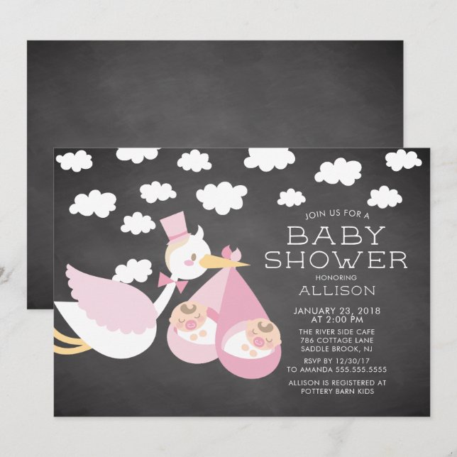 Stork & Twin Girls Twins Baby shower Invitation (Devant / Derrière)