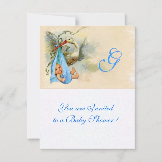 STORK WHITE BLAUE BABY BOY SHOWER MONOGRAM EINLADUNG (Vorderseite)