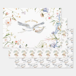 Stork Wildblume Ribbon Babydusche Geschenkpapier Set