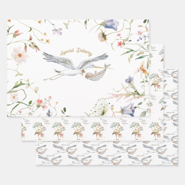 Stork Wildblume Ribbon Babydusche Geschenkpapier Set (Set)