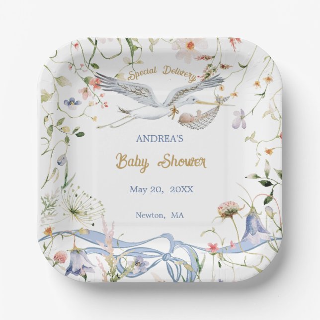 Stork Wildblume Ribbon Babyduschpapier Pappteller (Vorderseite)