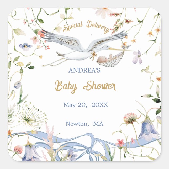 Stork Wildblume Ribbon Babyduschpapier Quadratischer Aufkleber (Vorderseite)