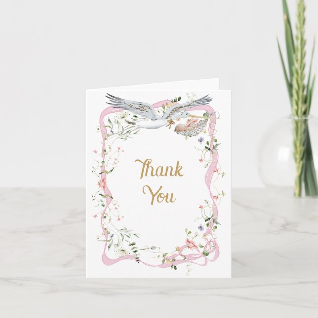 Stork Wildblume Ribbon und Bow Baby Dusche Dankeskarte (Vorderseite)