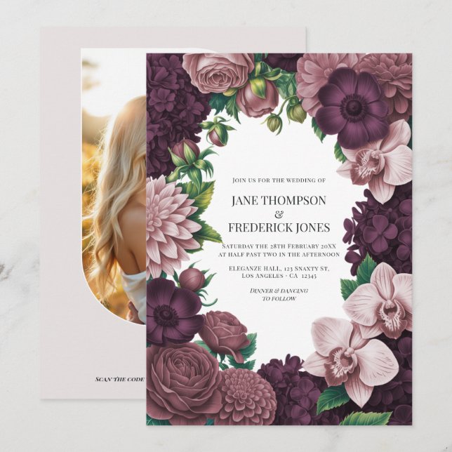 Storm Plum, Graphite Rose & Antique Blush Wedding Einladung (Vorne/Hinten)
