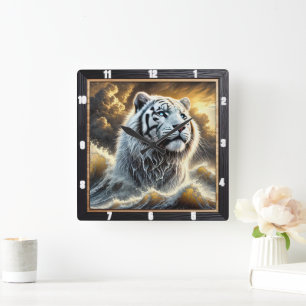 Stormy Ocean Tiger Timepiece Quadratische Wanduhr