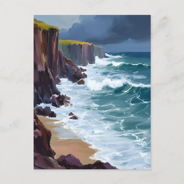 Stormy Shore | Beach Ocean Waves Malerei Postkarte (Vorderseite)