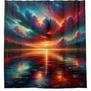 "Stormy Sunset Over Serene Lake" Duschvorhang
