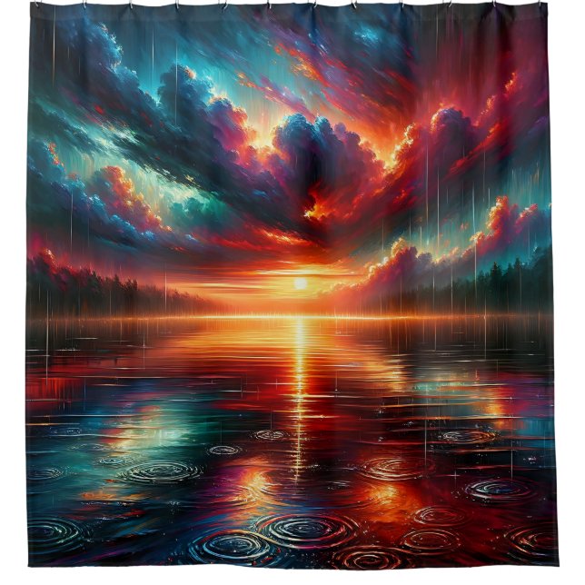 "Stormy Sunset Over Serene Lake" Duschvorhang (Vorderseite)